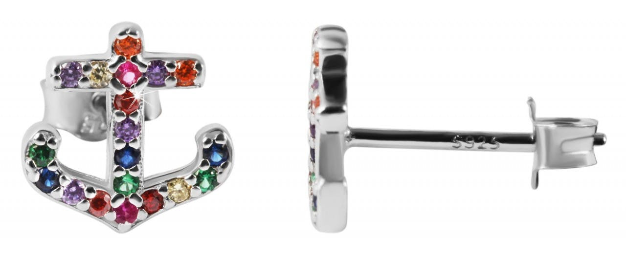 Anchor earrings in 925 silver with zirconia, rhodium plated