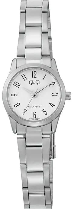 Round metal watch with white dial