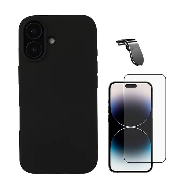 iPhone 16 Plus protection kit with tempered glass, silicone case and magnetic mount