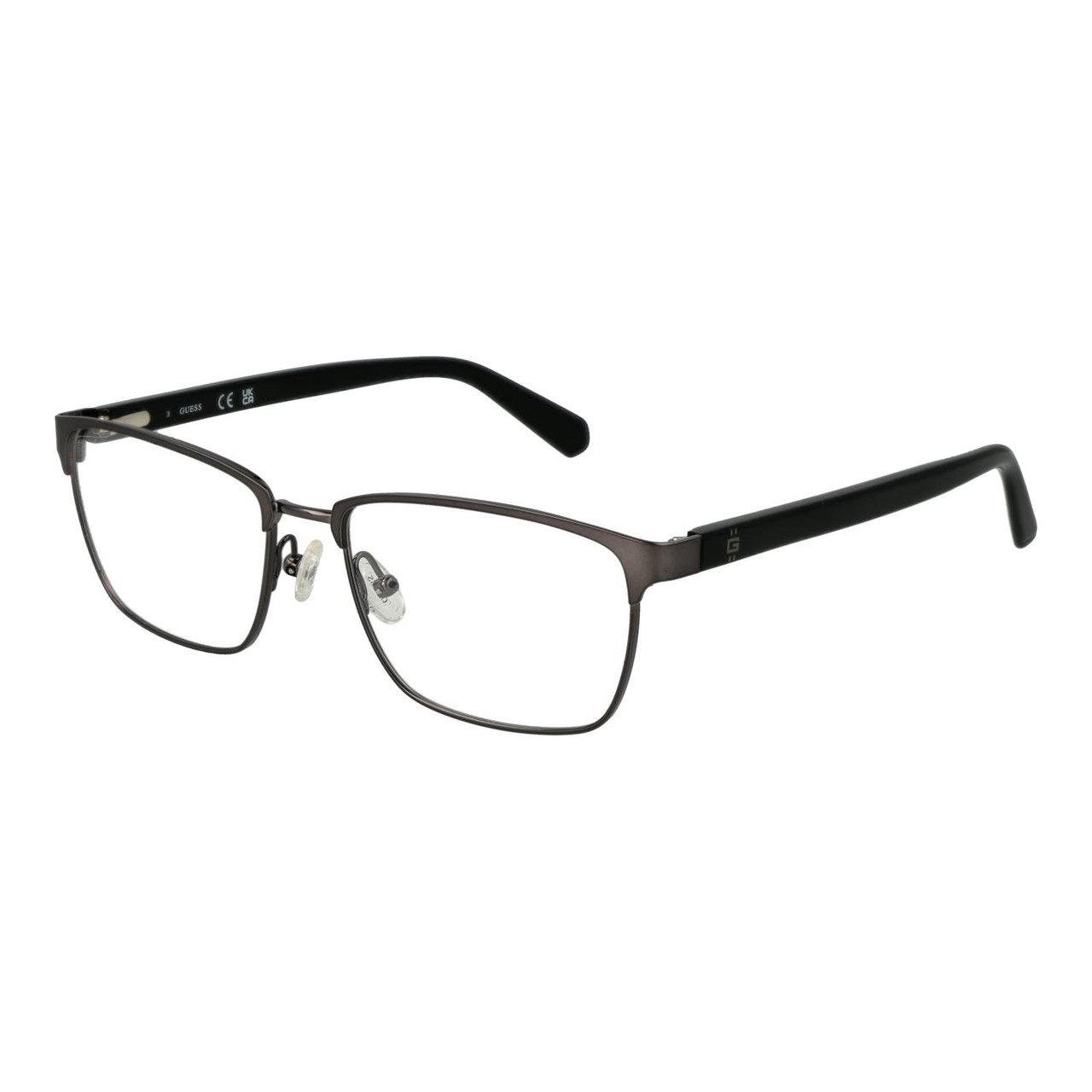 Montura óptica metálica rectangular gunmetal con funda