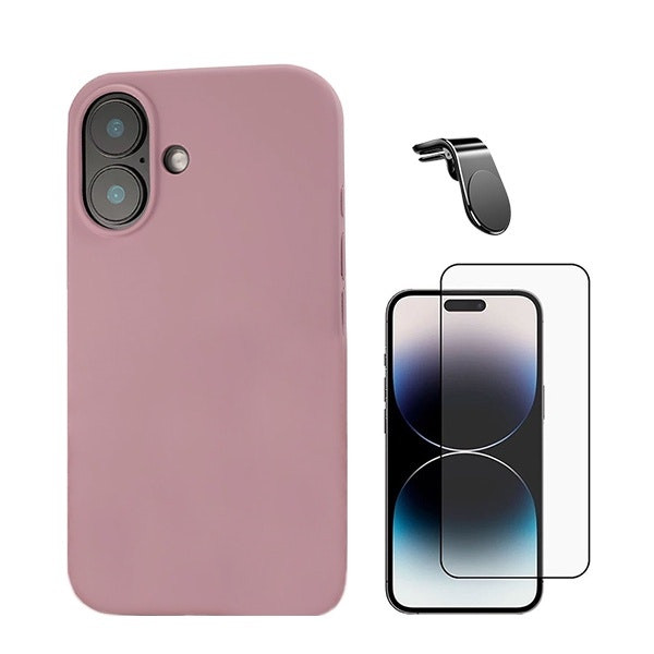 Kit: Protector de Cristal Full Cover, Funda de Silicona Líquida y Soporte Magnético para iPhone 16 Plus - Rosa
