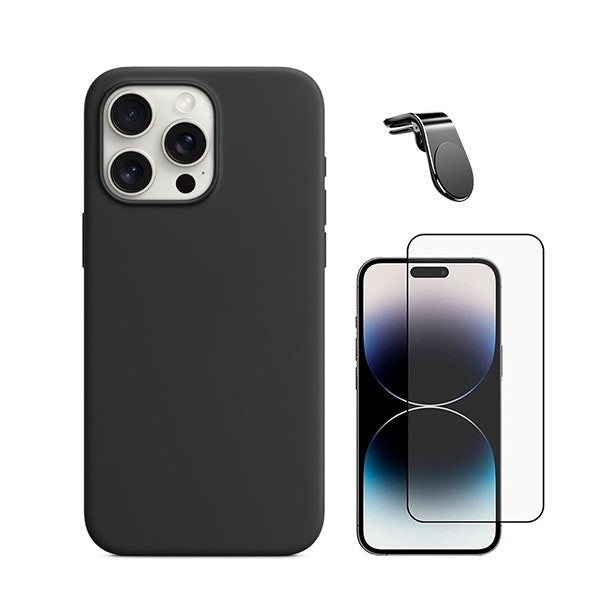 Kit protector vidrio templado, funda silicona líquida y soporte magnético para iPhone 16 Pro