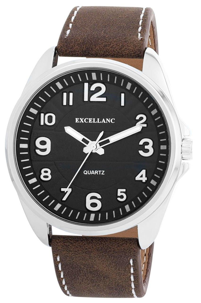 Men's watch with black dial and brown synthetic leather strap