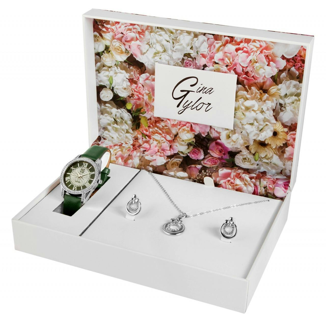 Watch and jewelry set with metal case and faux leather strap