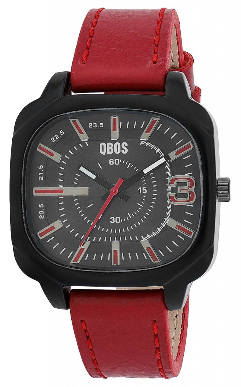 Men's rectangular metal-case watch with synthetic leather strap