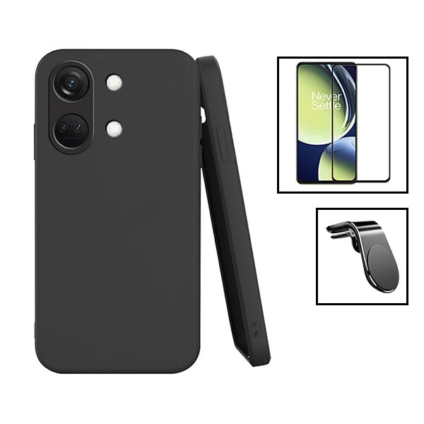 Tempered Glass Full Cover 5D Kit with Liquid Silicone Case and Magnetic Car Mount for OnePlus Ace 2V Black