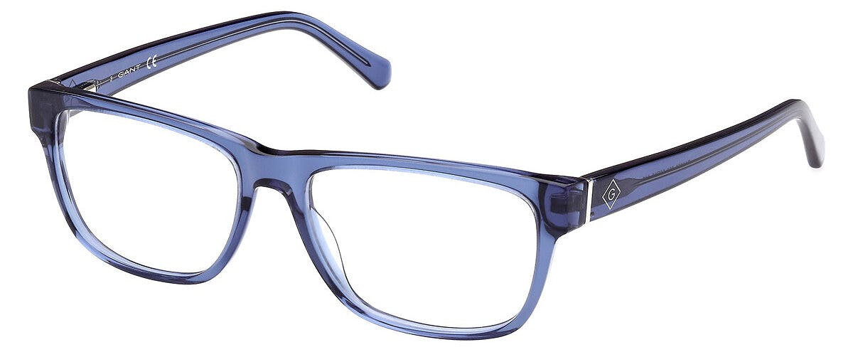 Montura óptica rectangular de acetato azul con funda