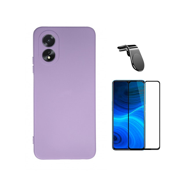 Tempered glass protector and silicone case with magnetic car mount for Oppo A38 4G - Purple