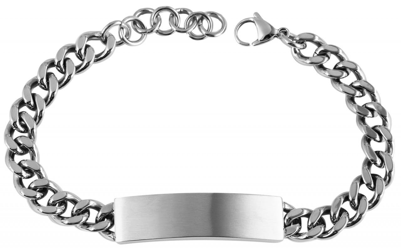 Pulsera de acero inoxidable plateada con placa para grabado
