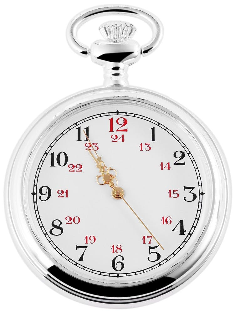 Analog pocket watch with metal case and mineral glass