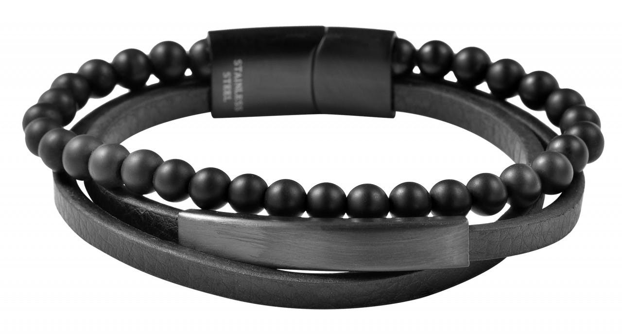 Pulsera de piel genuina con cuentas de ónix y placa de acero inoxidable