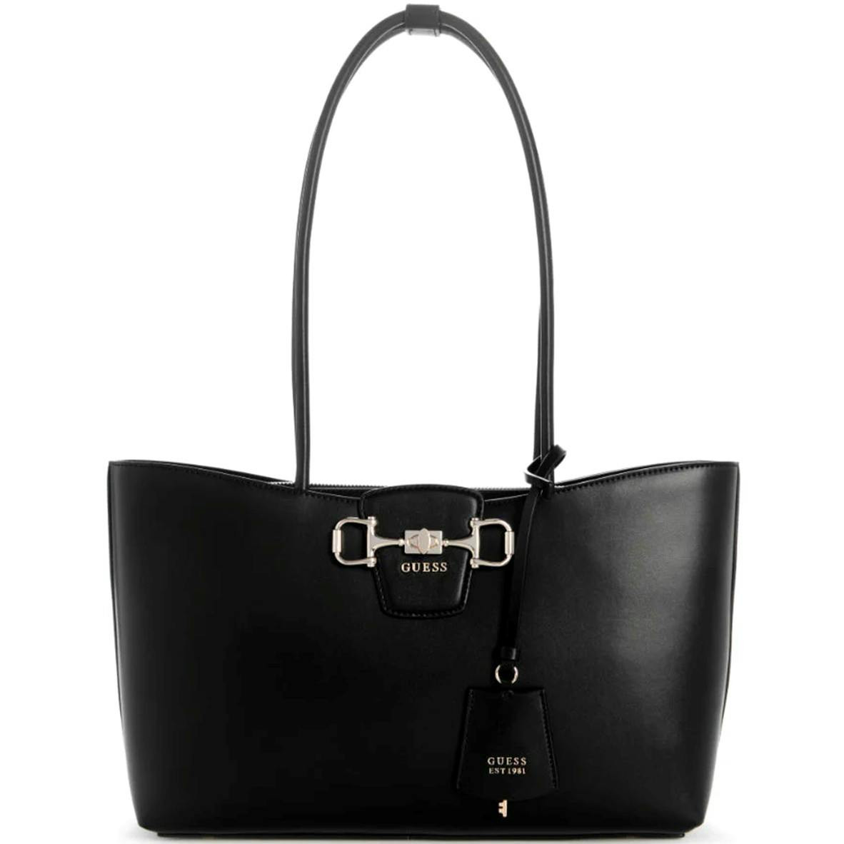 Bolso negro de poliuretano con asas y bolsillos