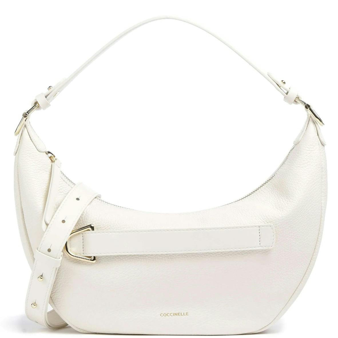 White leather handbag with adjustable strap and exterior pocket