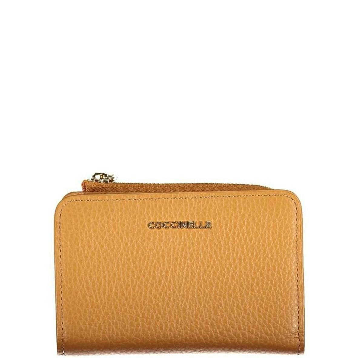 Compact orange leather wallet with zip and snap closure