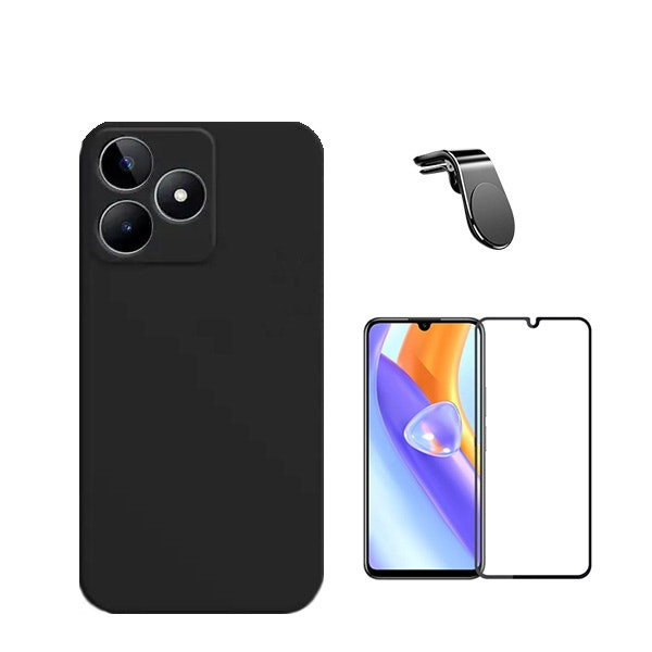 Kit Phonecare protector vidrio templado Full Cover y funda silicona líquida con soporte magnético para Realme C53 - Negro