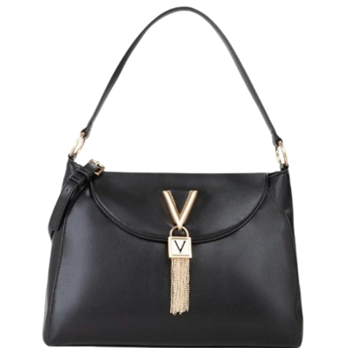 Black polyurethane shoulder bag with interior pocket