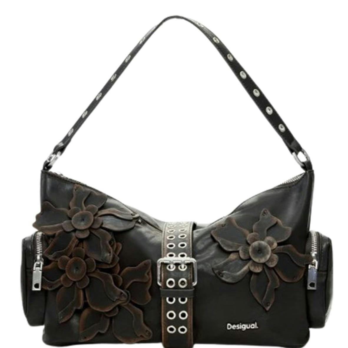 Polyurethane shoulder bag with side pockets and adjustable strap