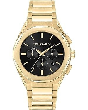 Men's multifunction gold-tone steel watch with black dial
