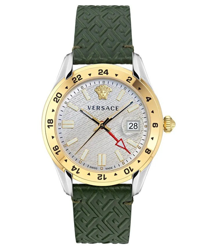 Reloj Swiss Greca Time GMT Versace acero con correa de cuero
