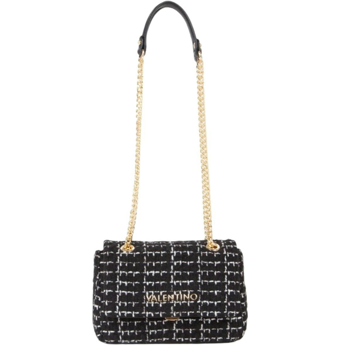 Black compact bag with chain handles and snap closure