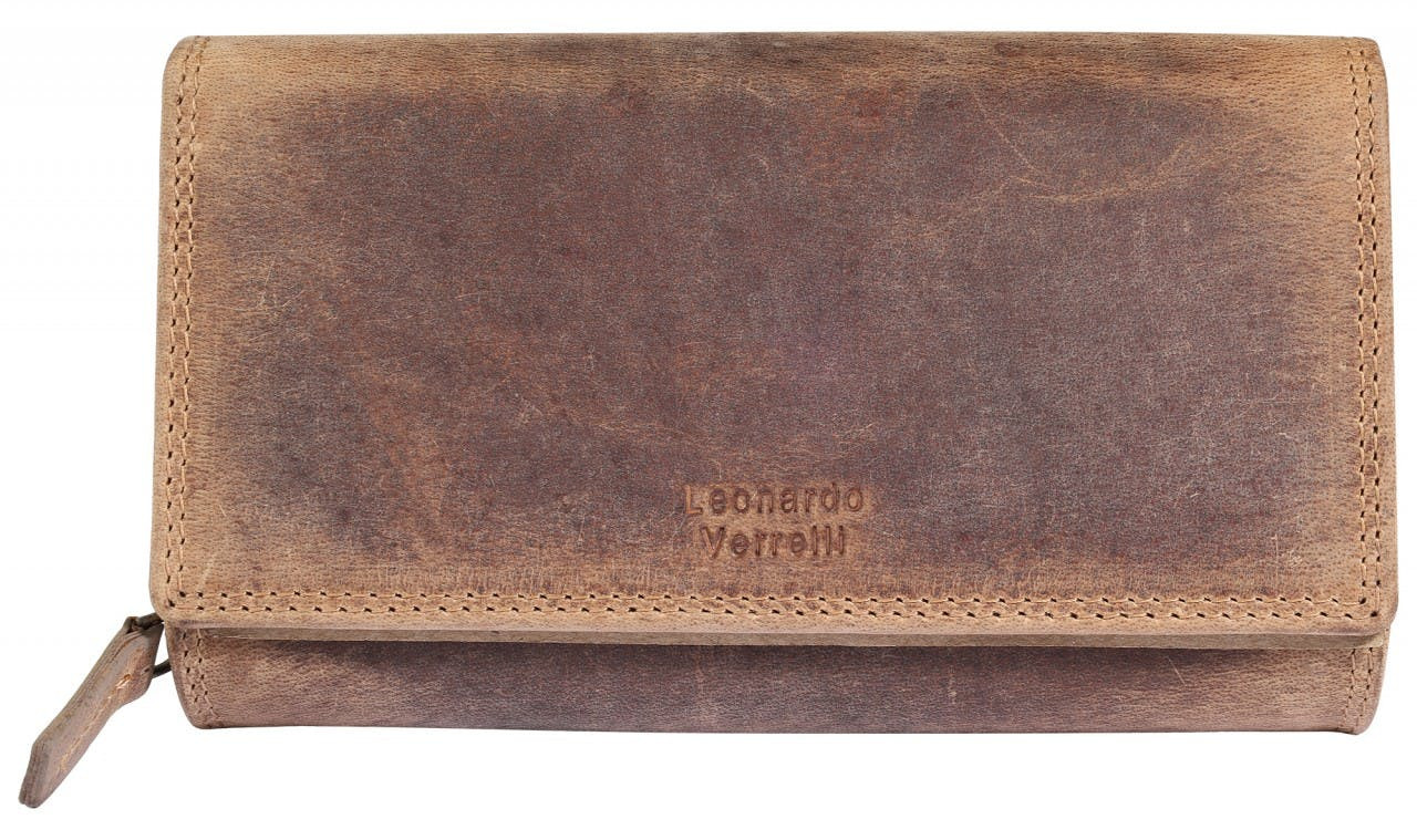 Cartera larga en piel genuina con RFID marrón