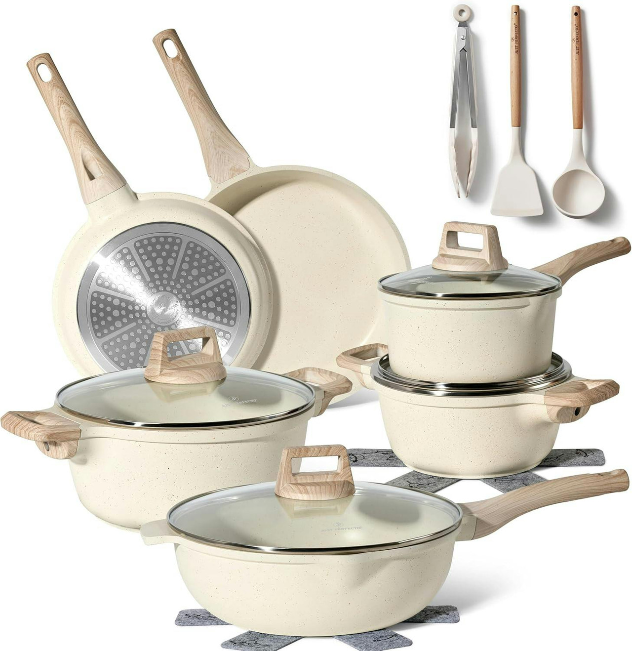 15-piece marble-coated cookware set beige