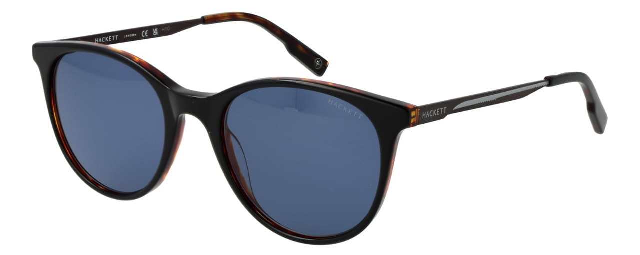 Round acetate brown sunglasses with blue lenses