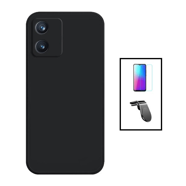 Tempered glass protector + liquid silicone case + magnetic car mount for TCL 305i - Black