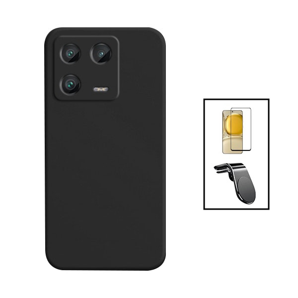 Kit protector de vidrio y funda de silicona líquida con soporte magnético para Xiaomi 13 - Negro