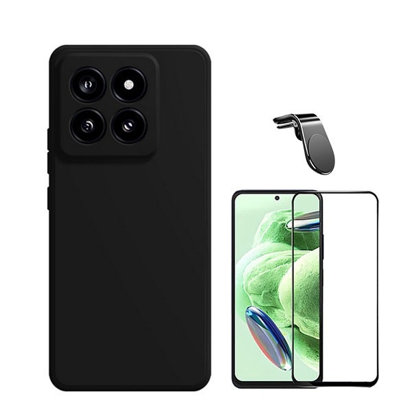 Kit: Tempered Glass Full Cover + Liquid Silicone Case + Magnetic Car Mount for Xiaomi 14