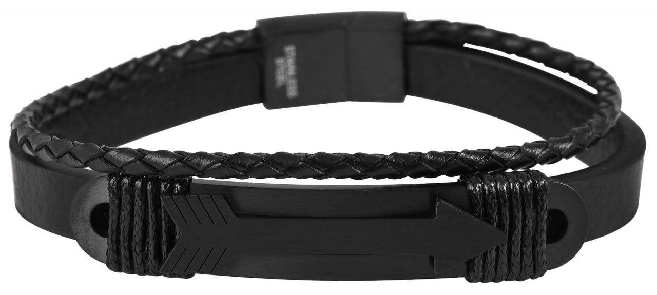 Pulsera de piel genuina con elemento de acero inoxidable negro