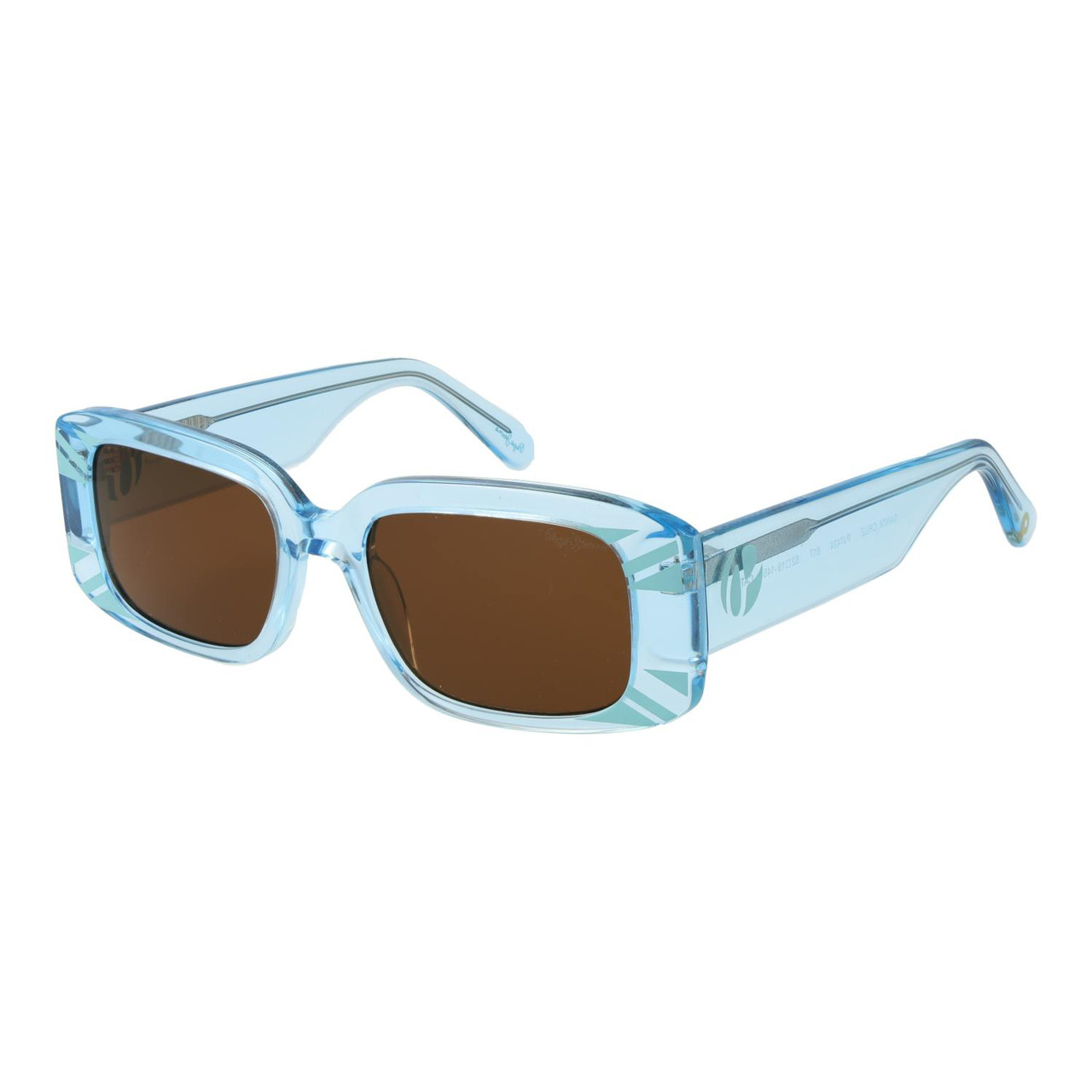 Rectangular acetate blue sunglasses with pink lenses