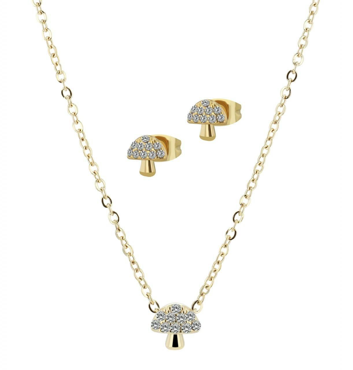 Conjunto collar y pendientes en acero inoxidable con colgante de hongo