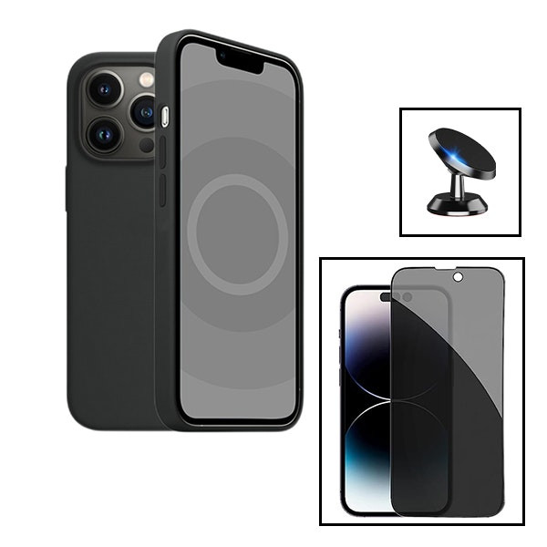 Privacy 5D tempered glass kit, liquid silicone case and magnetic car mount for iPhone 15