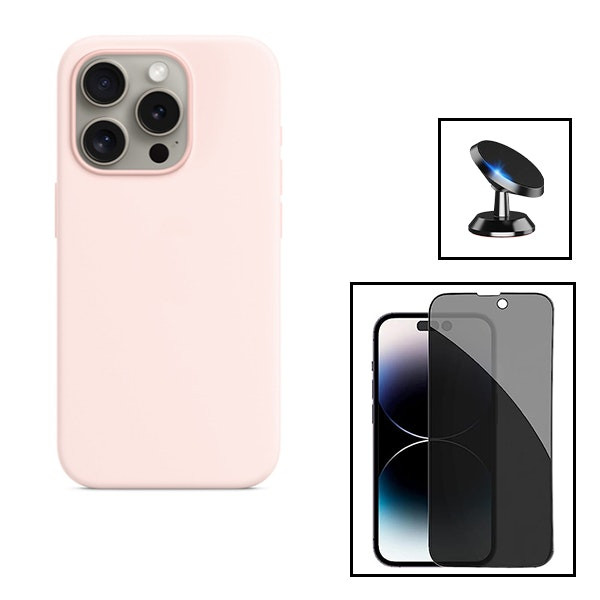 Kit vidrio privacidad 5D con funda silicona líquida y soporte magnético para iPhone 15 Pro Max
