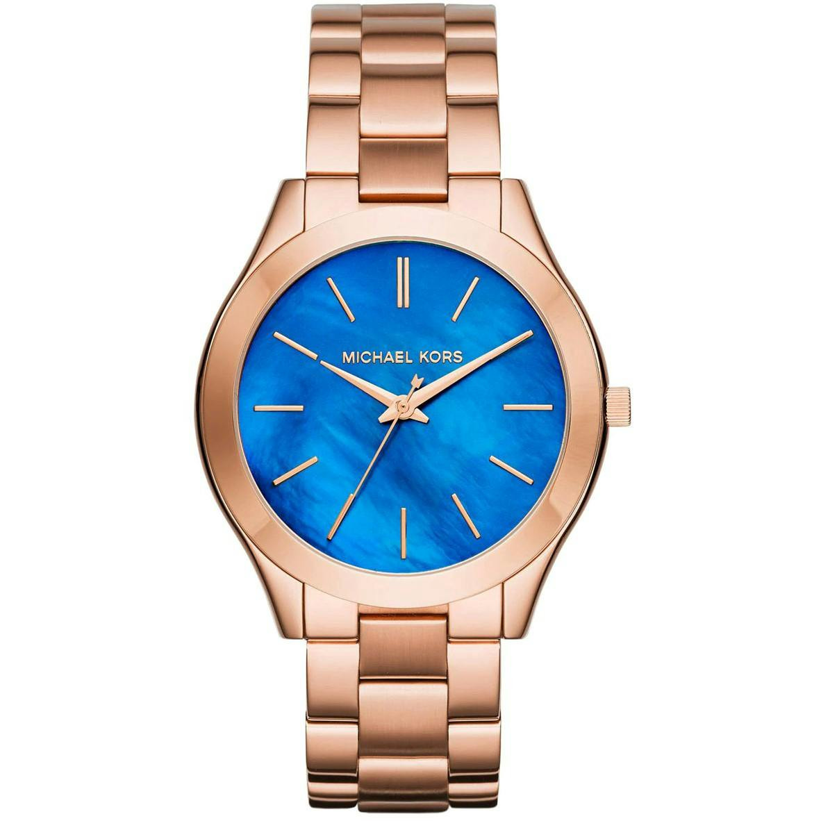 Reloj analógico acero esfera azul brazalete oro rosa