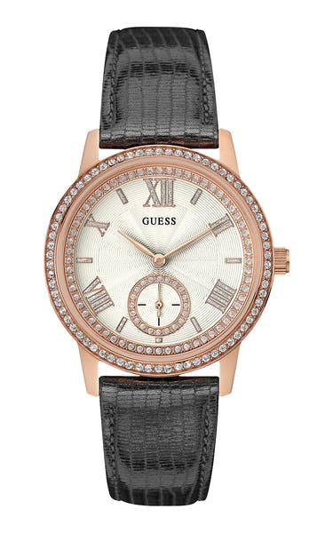 Analog stainless steel watch with leather strap