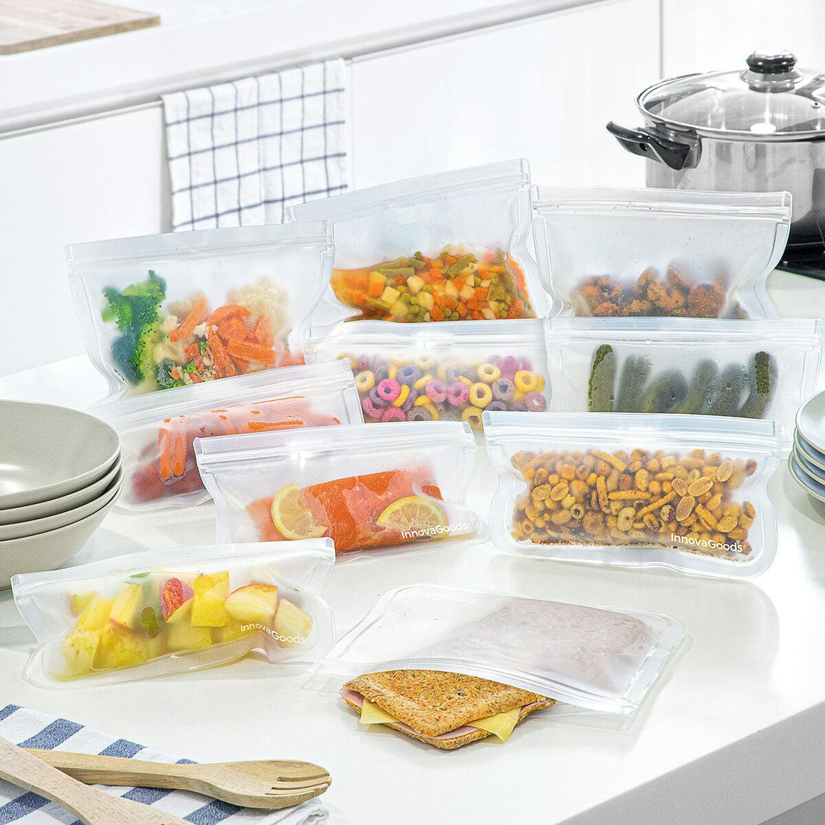 Juego de bolsas reutilizables para alimentos InnovaGoods PEVA 10 piezas