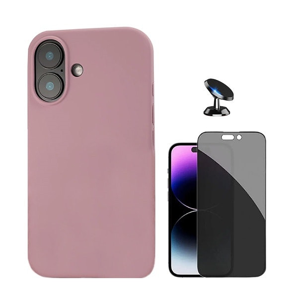 Kit Protector Vidrio Privacidad 5D + Funda Silicona Líquida + Soporte Magnético para iPhone 16 Plus