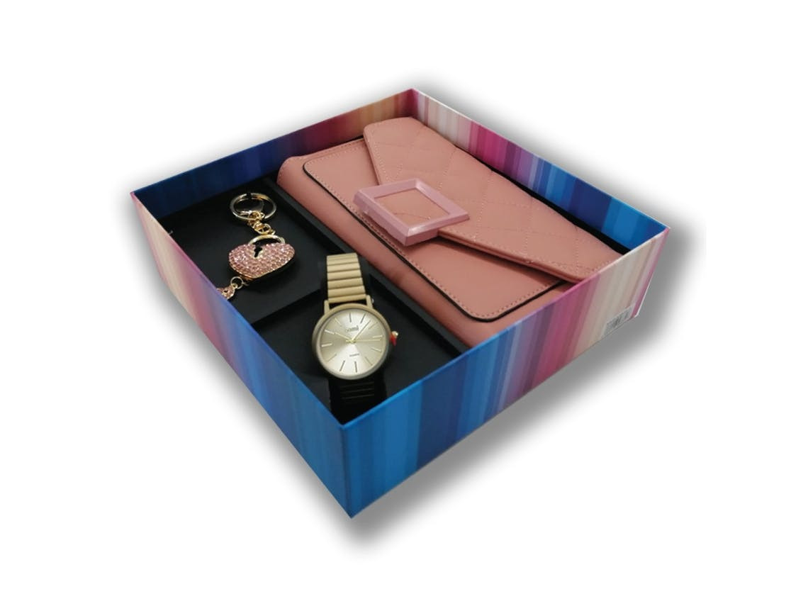 Conjunto reloj, llavero y bolso en acero inoxidable dorado