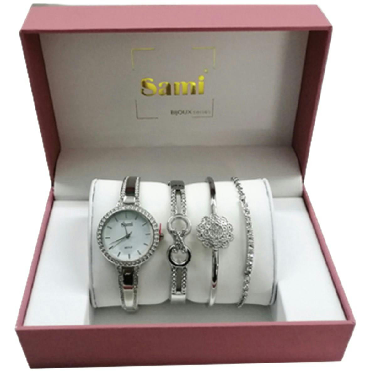 Conjunto reloj con 3 pulseras de acero inoxidable, esfera plateada