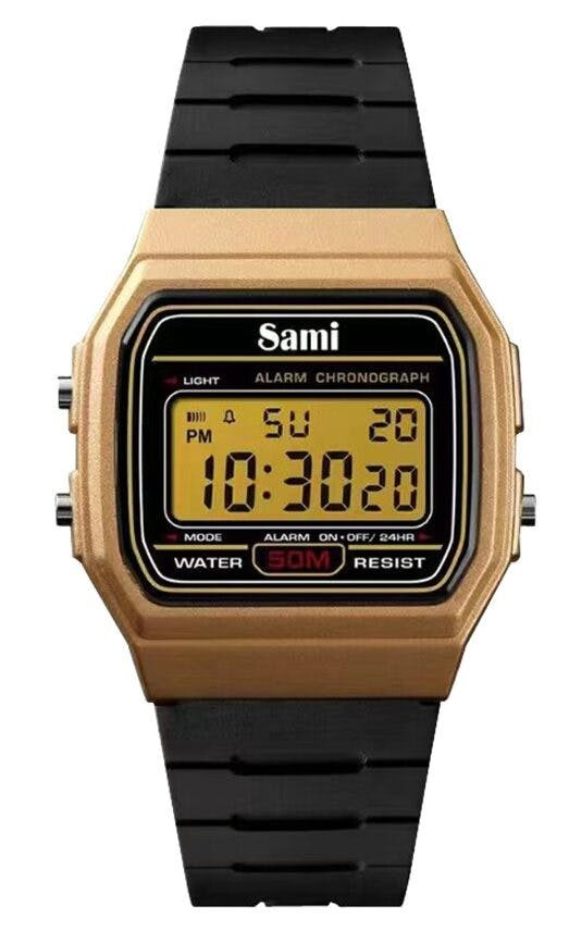 Reloj de pulsera digital con pulsera de acero inoxidable y esfera amarilla
