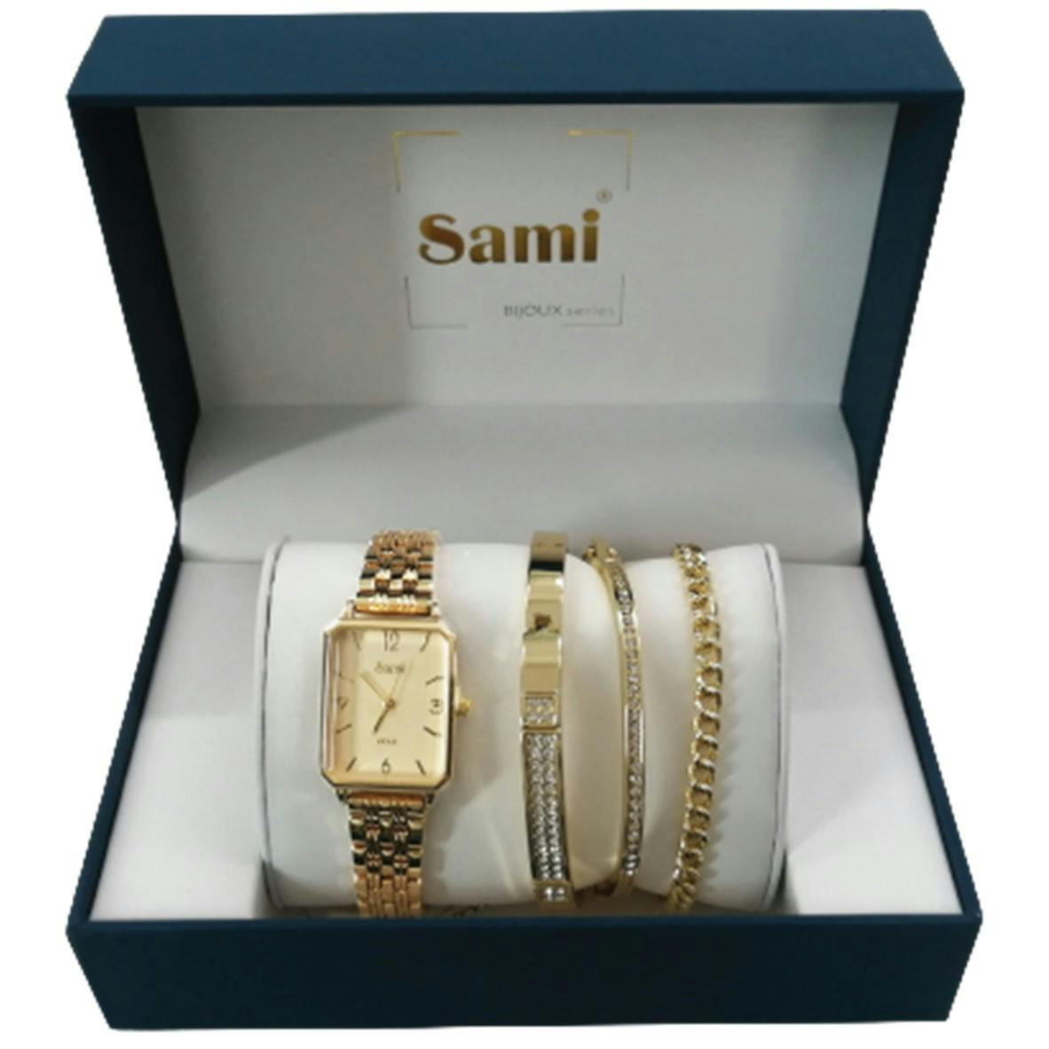 Watch with 3 bracelets, 30 mm stainless steel case, gold dial