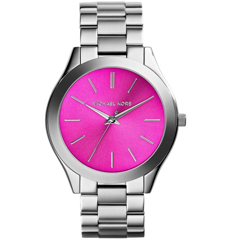Reloj analógico en acero con esfera rosa