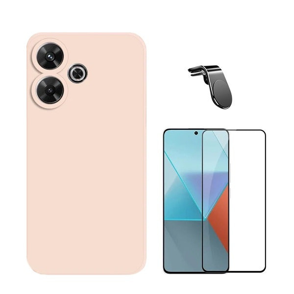 Full Cover Screen Protector, Liquid Silicone Case and Magnetic Mount for Redmi 13 - Pink