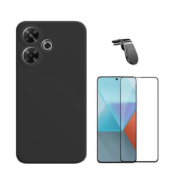 Tempered Glass Full Cover Screen Protector, Liquid Silicone Case and Magnetic Car Mount Kit for Xiaomi Redmi 13 5G