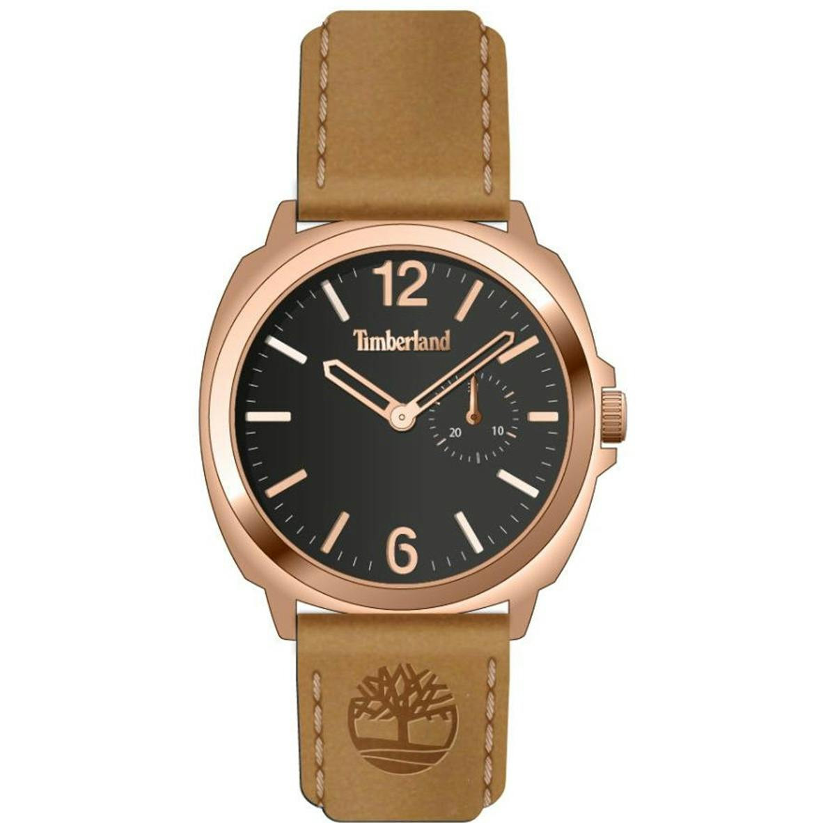 Reloj analógico TIMBERLAND con correa de cuero marrón y esfera negra