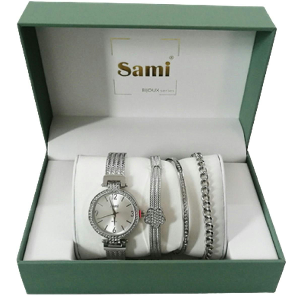 Reloj de pulsera con 3 pulseras de acero inoxidable, esfera plateada