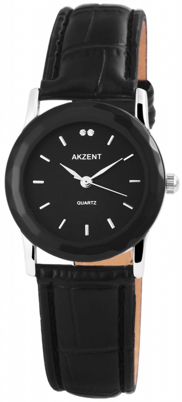 Analog metal case watch with synthetic leather strap