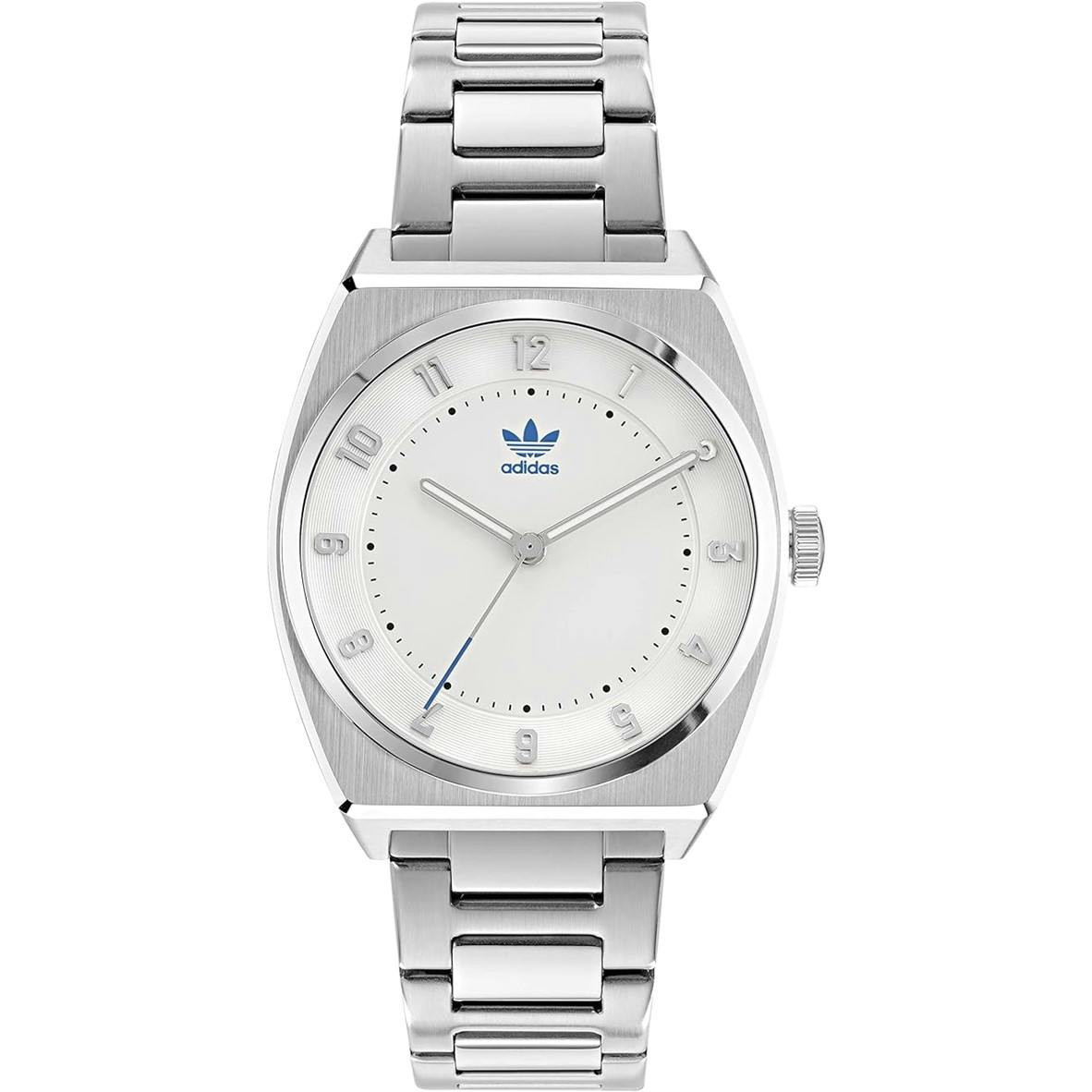 Analog stainless steel watch with white dial and mineral glass